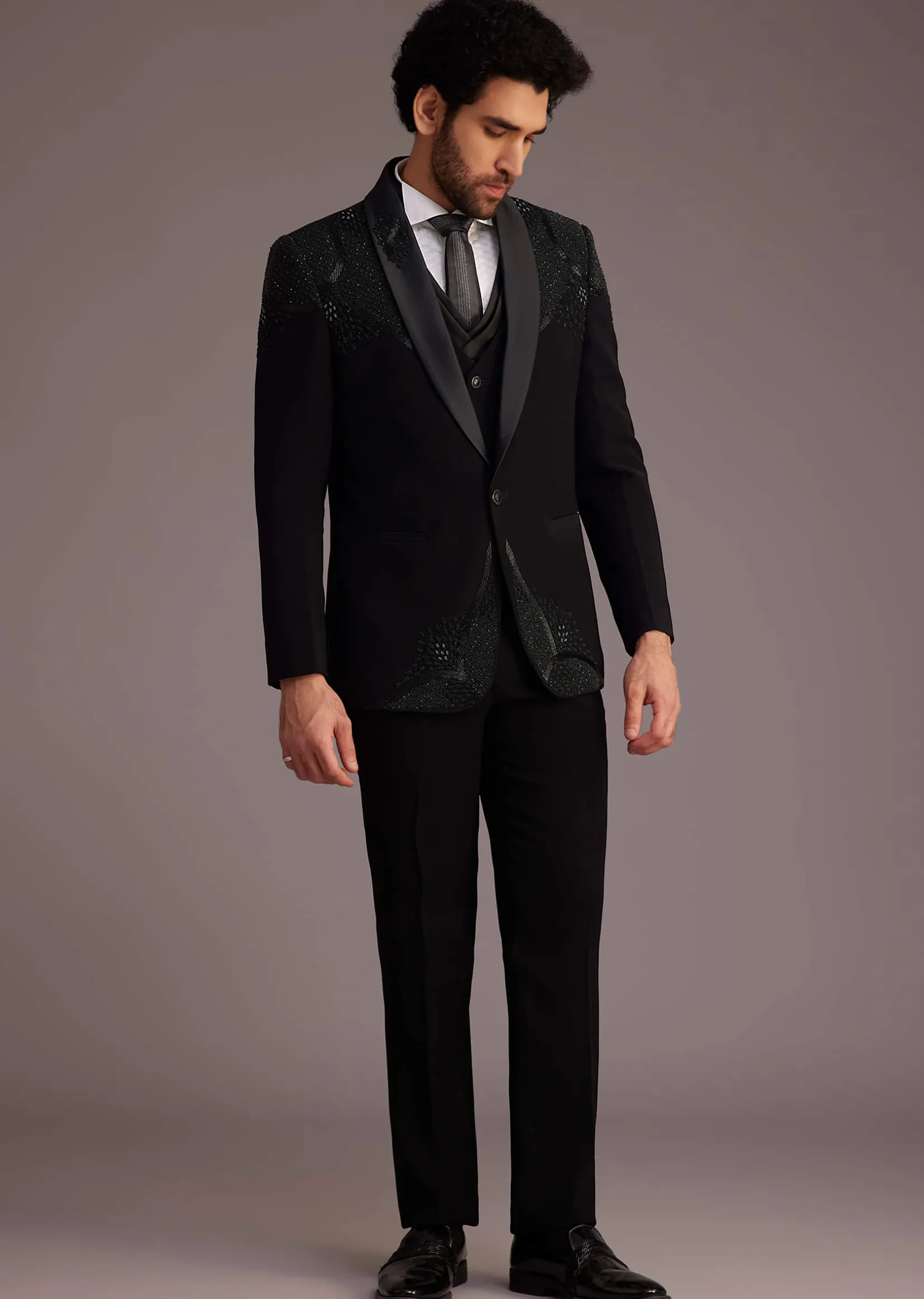 Black Tuxedo With Beaded Shoulder Detailing And Satin Lapel