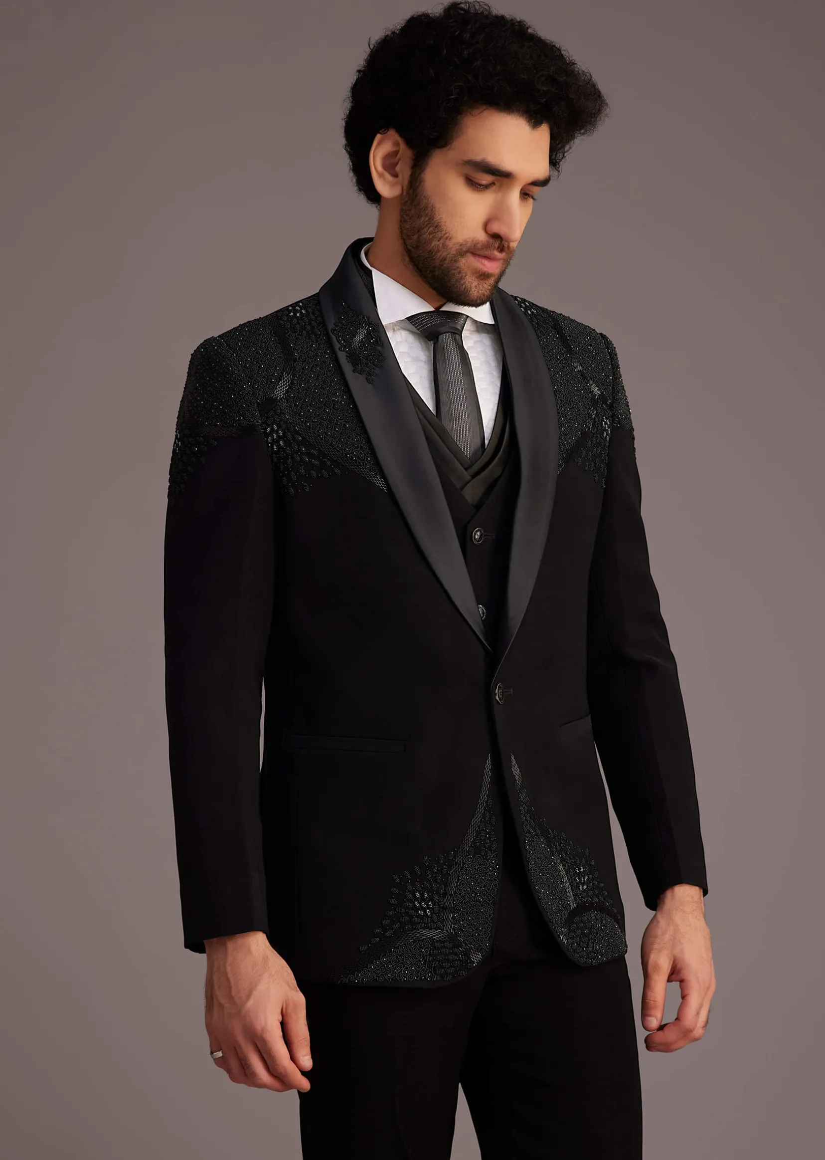 Black Tuxedo With Beaded Shoulder Detailing And Satin Lapel