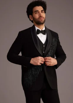 Black Tuxedo With Beaded Embellishments And Satin Lapel