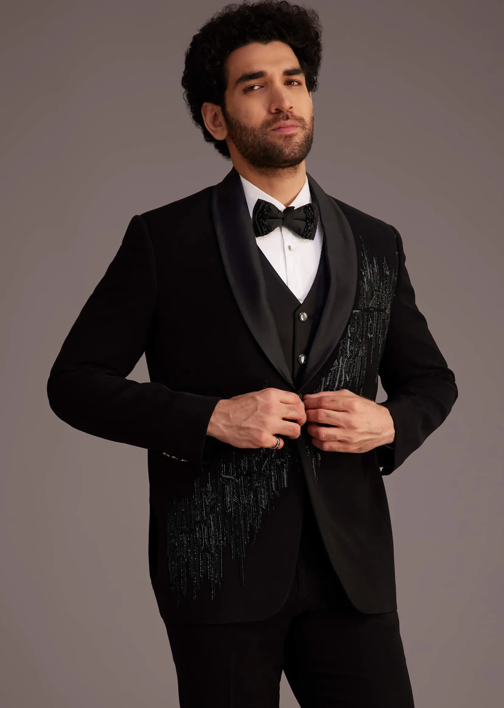 Black Tuxedo With Beaded Embellishments And Satin Lapel