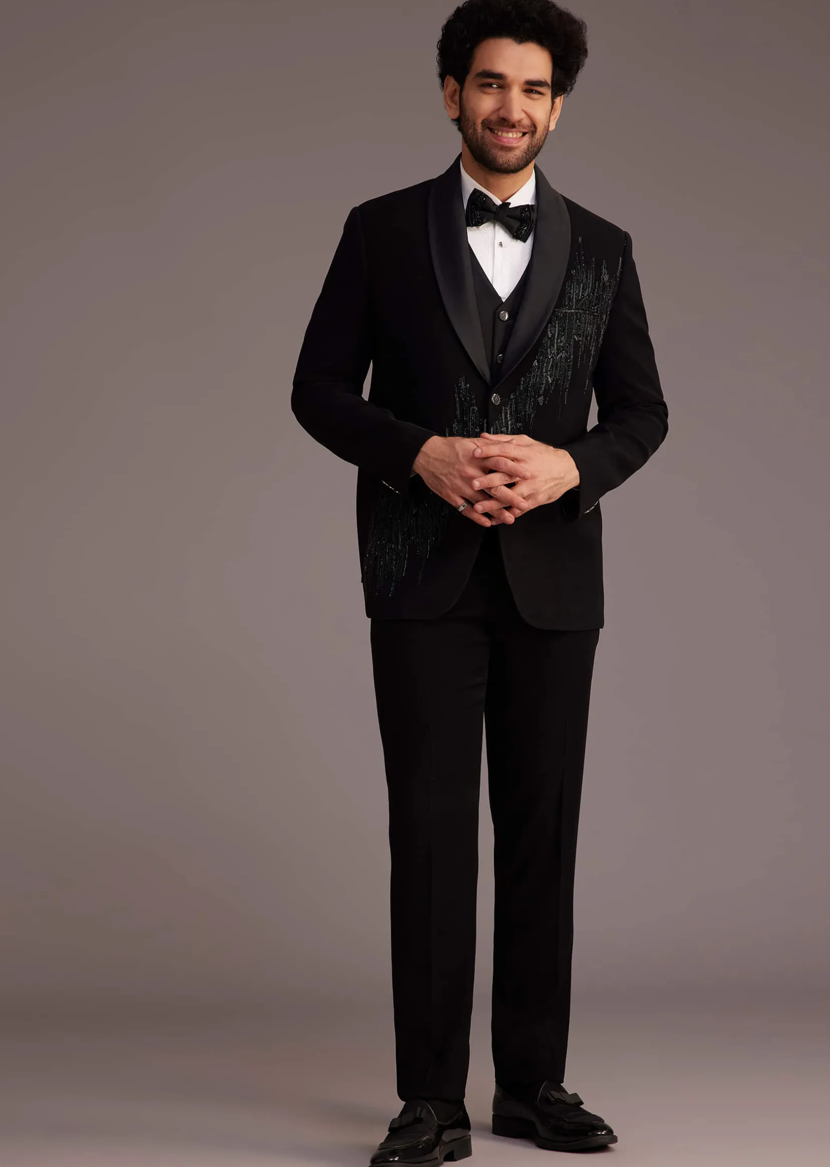 Black Tuxedo With Beaded Embellishments And Satin Lapel