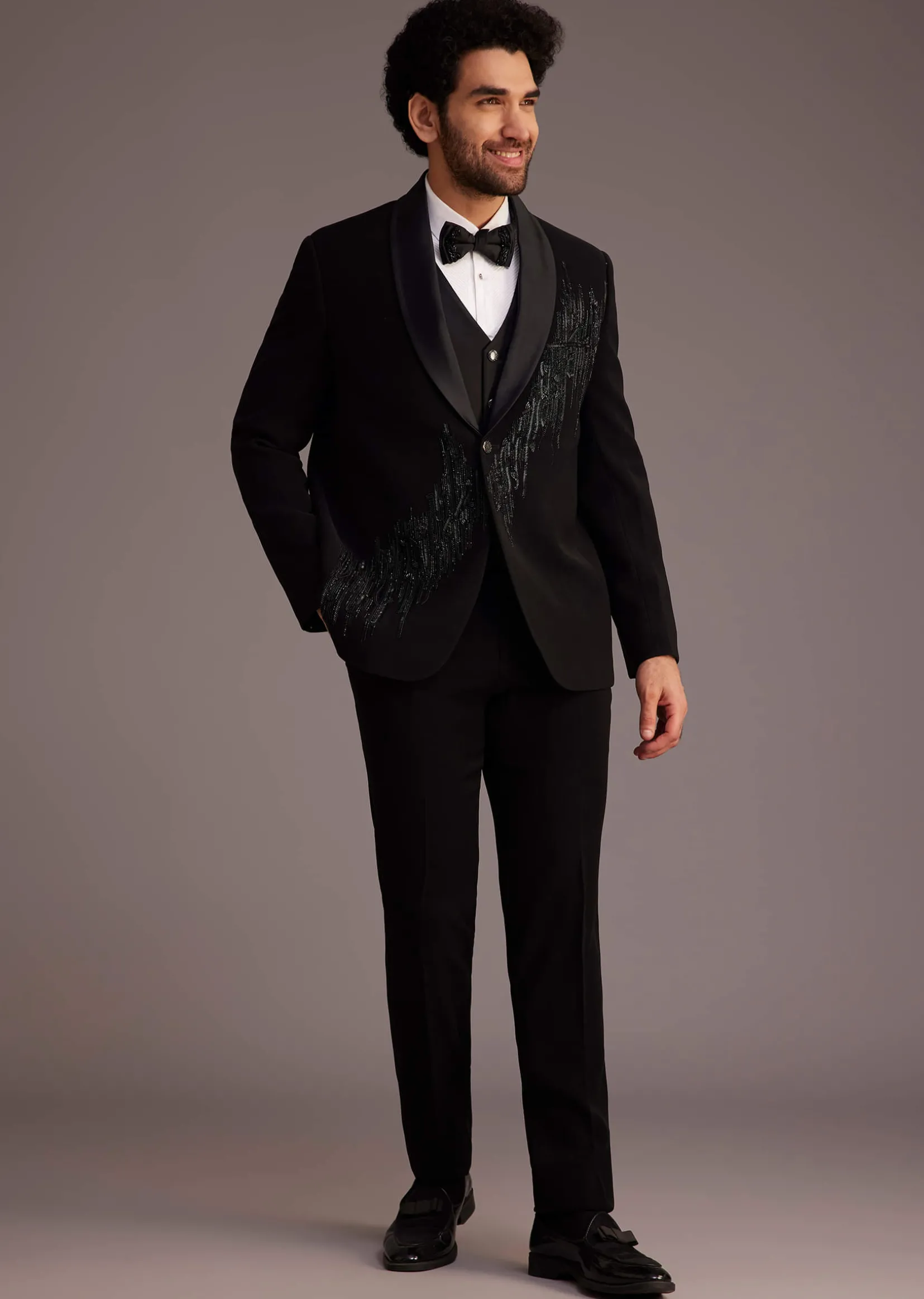 Black Tuxedo With Beaded Embellishments And Satin Lapel