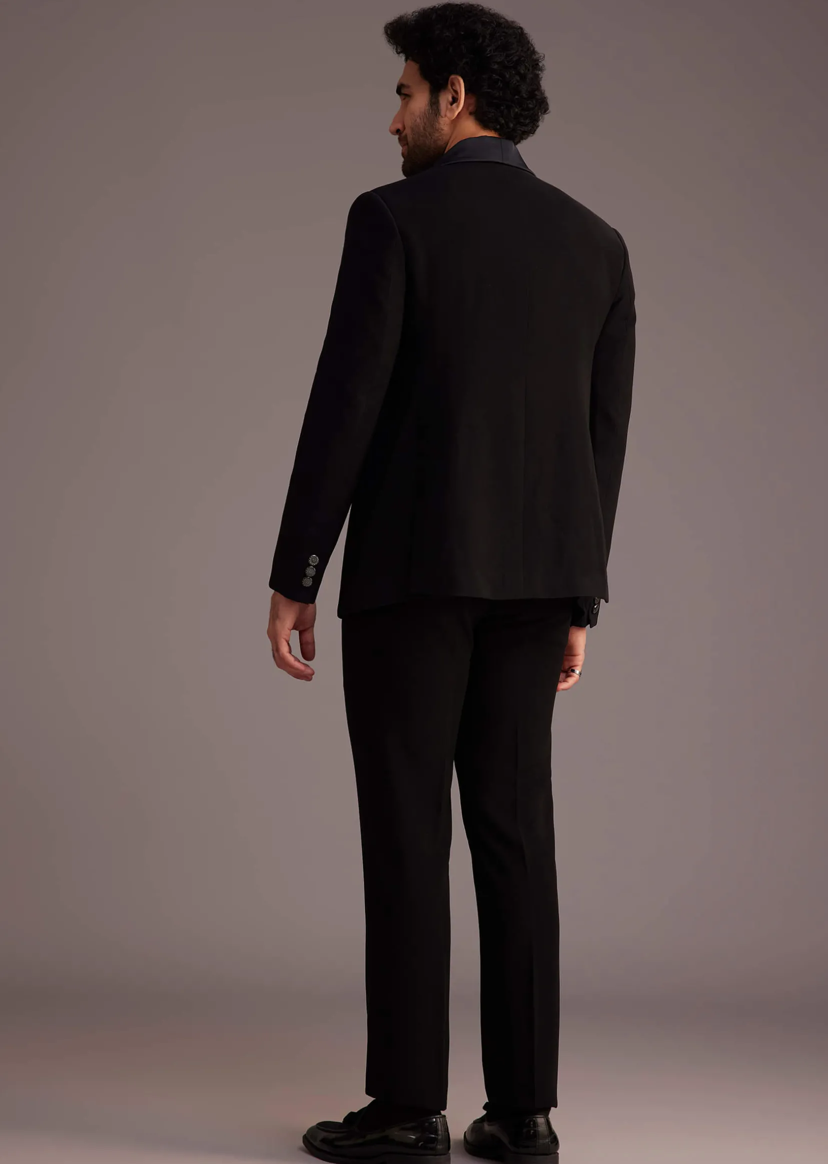 Black Tuxedo With Beaded Embellishments And Satin Lapel