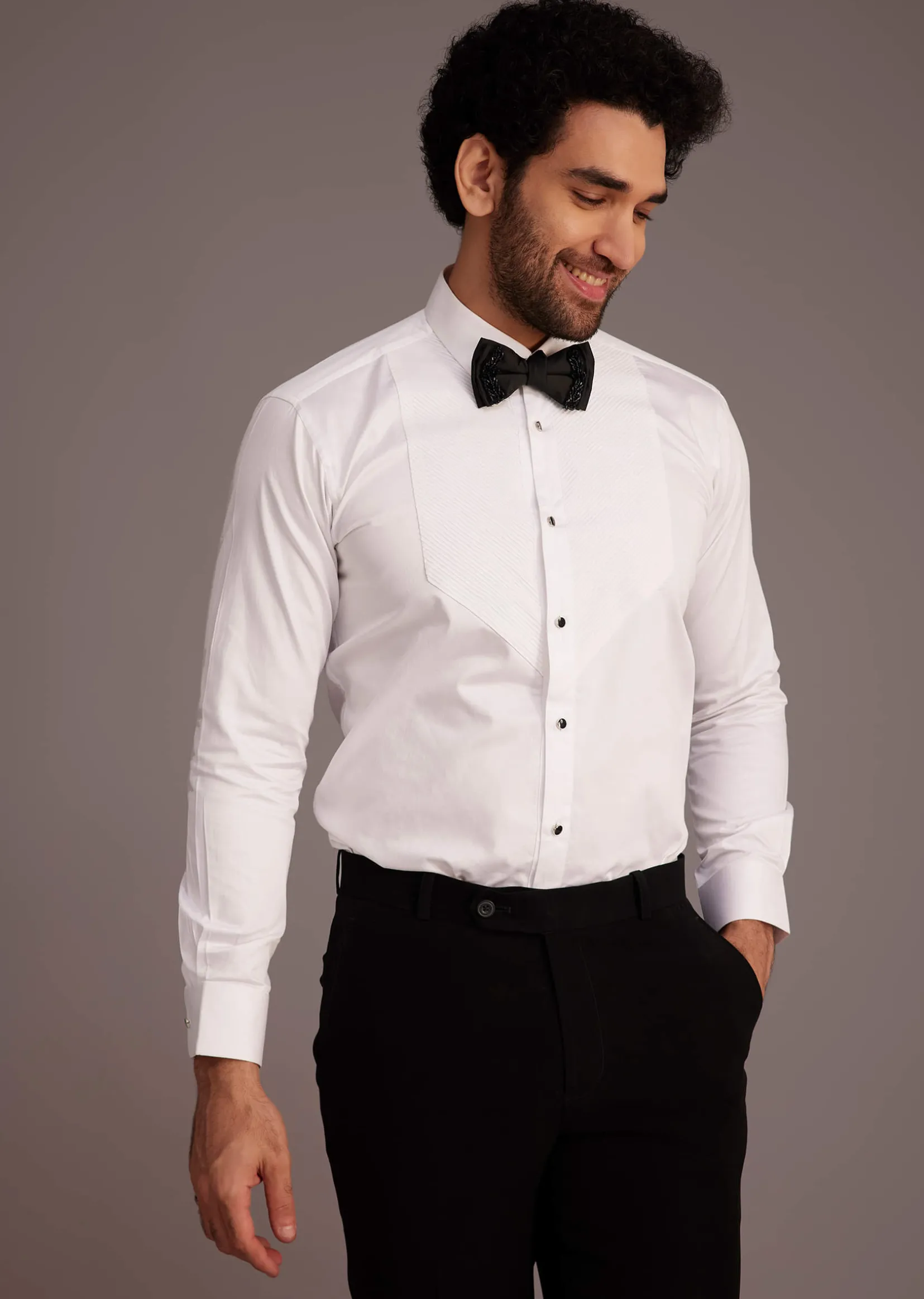 Black Tuxedo With Beaded Embellishments And Satin Lapel