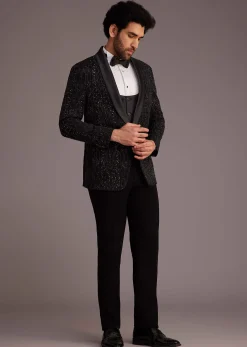 Black Tuxedo With Embellished Jacket And Satin Lapel