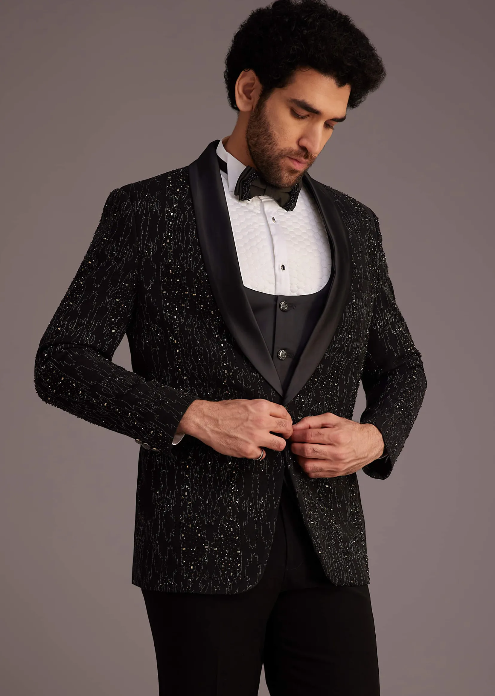 Black Tuxedo With Embellished Jacket And Satin Lapel