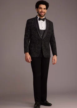 Black Tuxedo With Embellished Jacket And Satin Lapel