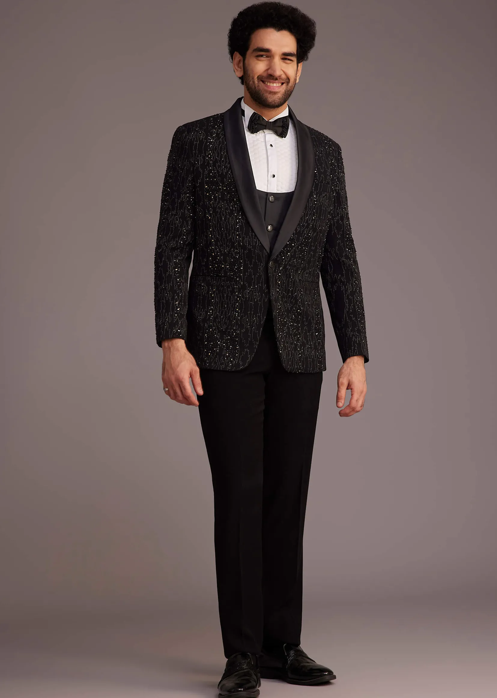 Black Tuxedo With Embellished Jacket And Satin Lapel
