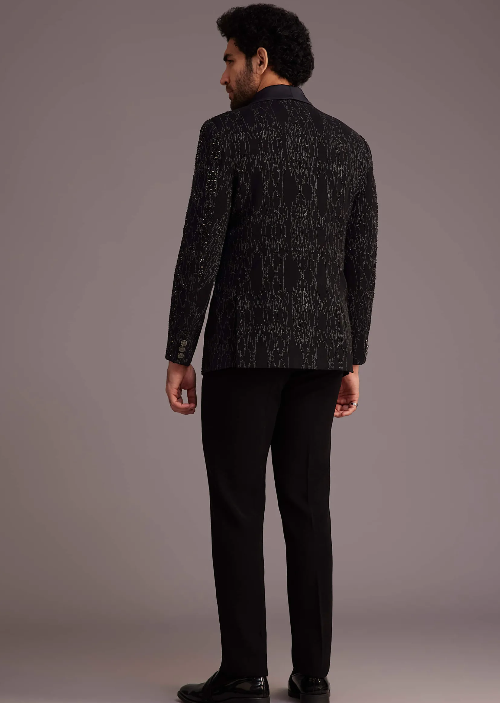 Black Tuxedo With Embellished Jacket And Satin Lapel