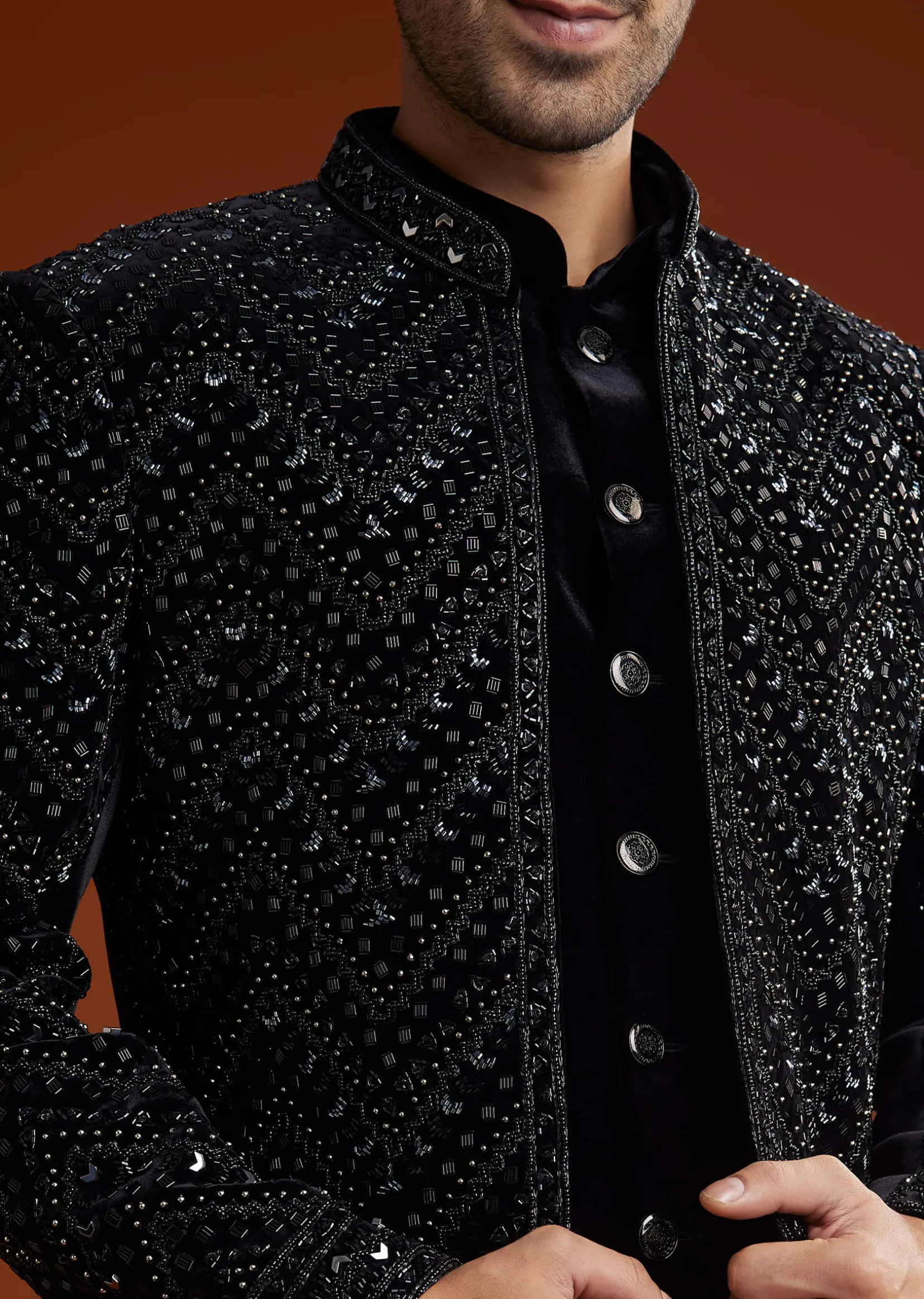 Black Velvet Embellished Indo Jacket Set