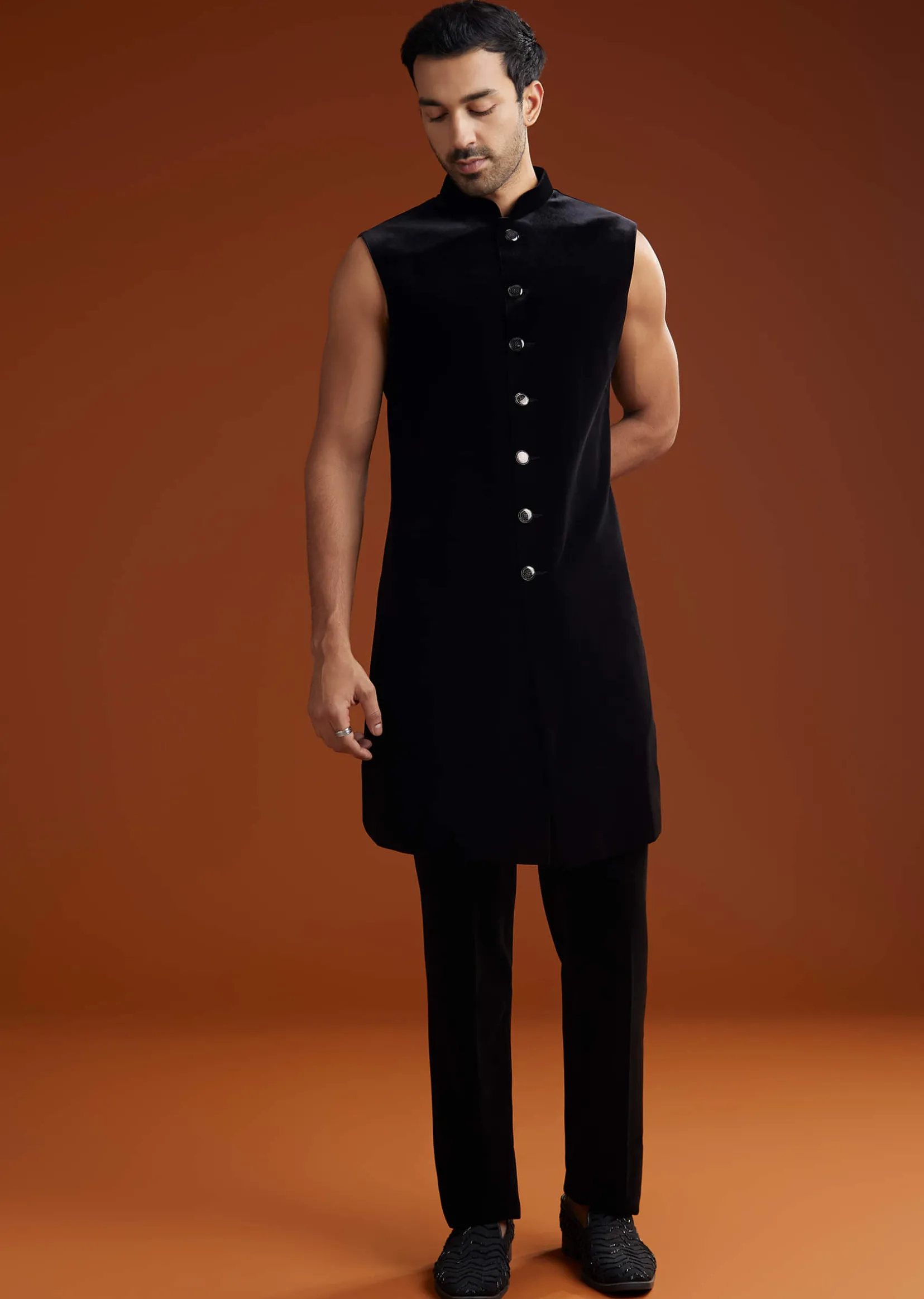 Black Velvet Embellished Indo Jacket Set