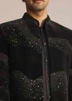 Black Velvet Indo Western Set With Zardosi Detailing