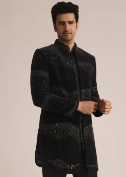 Black Velvet Indo Western Set With Zardosi Detailing