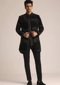 Black Velvet Indo Western Set With Zardosi Detailing