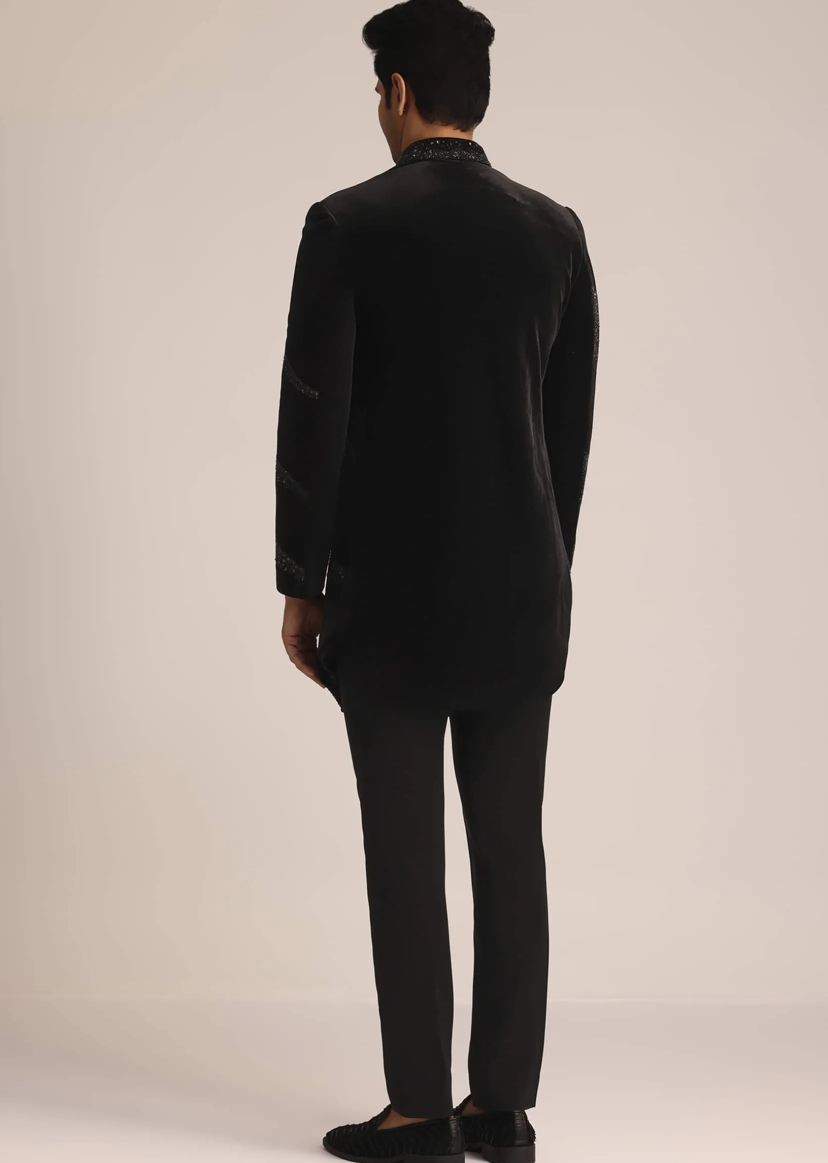 Black Velvet Indo Western Set With Zardosi Detailing