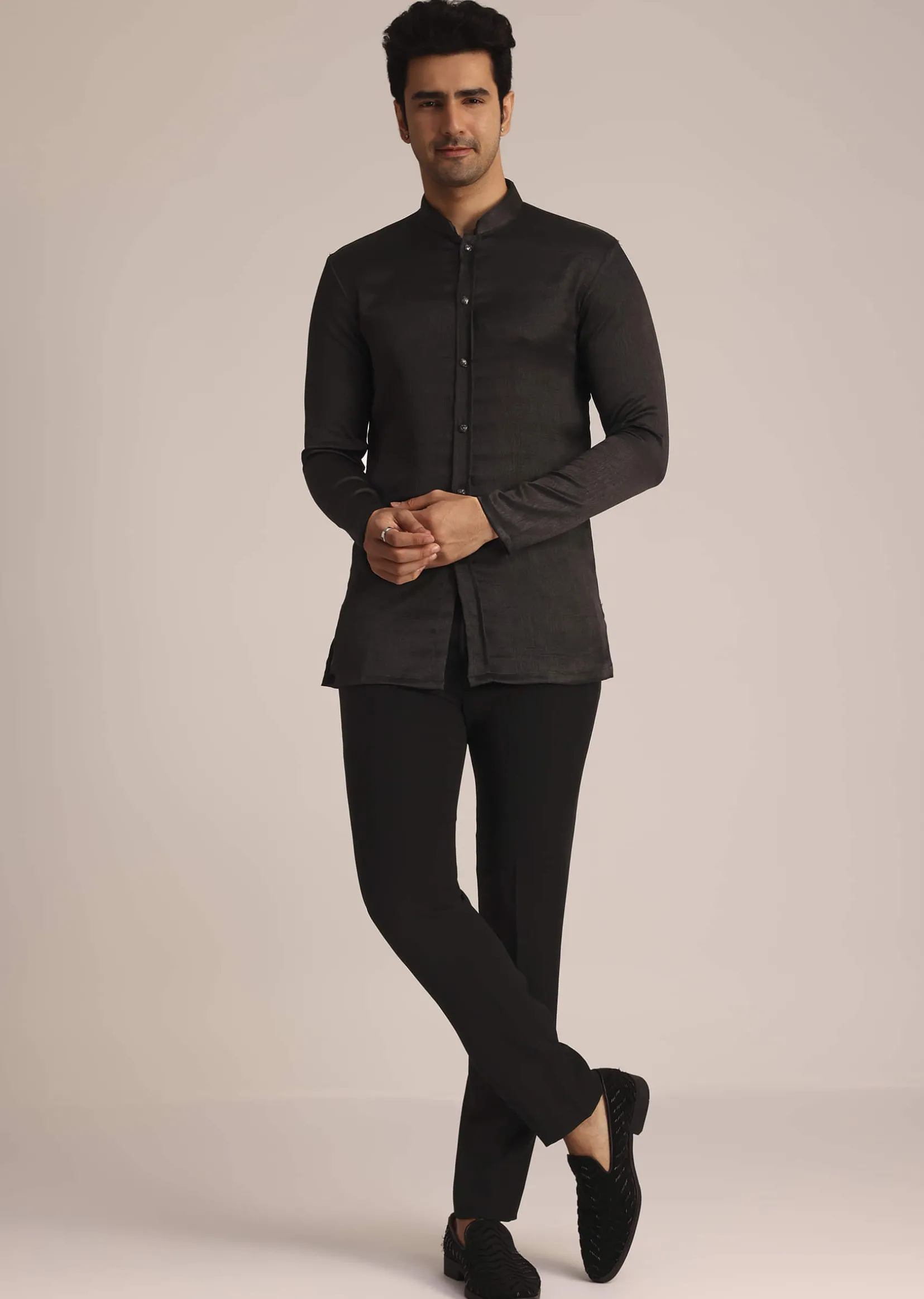 Black Velvet Indo Western Set With Zardosi Detailing
