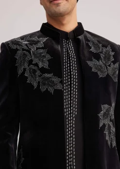 Black Velvet Indo Western Set With Abstract Motif And Cut Dana Work