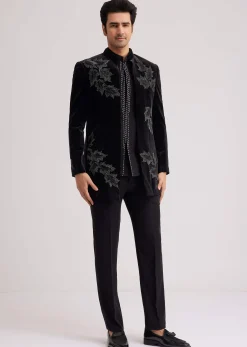 Black Velvet Indo Western Set With Abstract Motif And Cut Dana Work