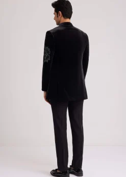 Black Velvet Indo Western Set With Abstract Motif And Cut Dana Work