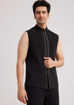 Black Velvet Indo Western Set With Abstract Motif And Cut Dana Work
