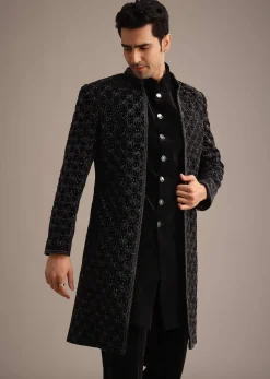 Black Velvet Indowestern Set With Sequin Work