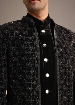 Black Velvet Indowestern Set With Sequin Work