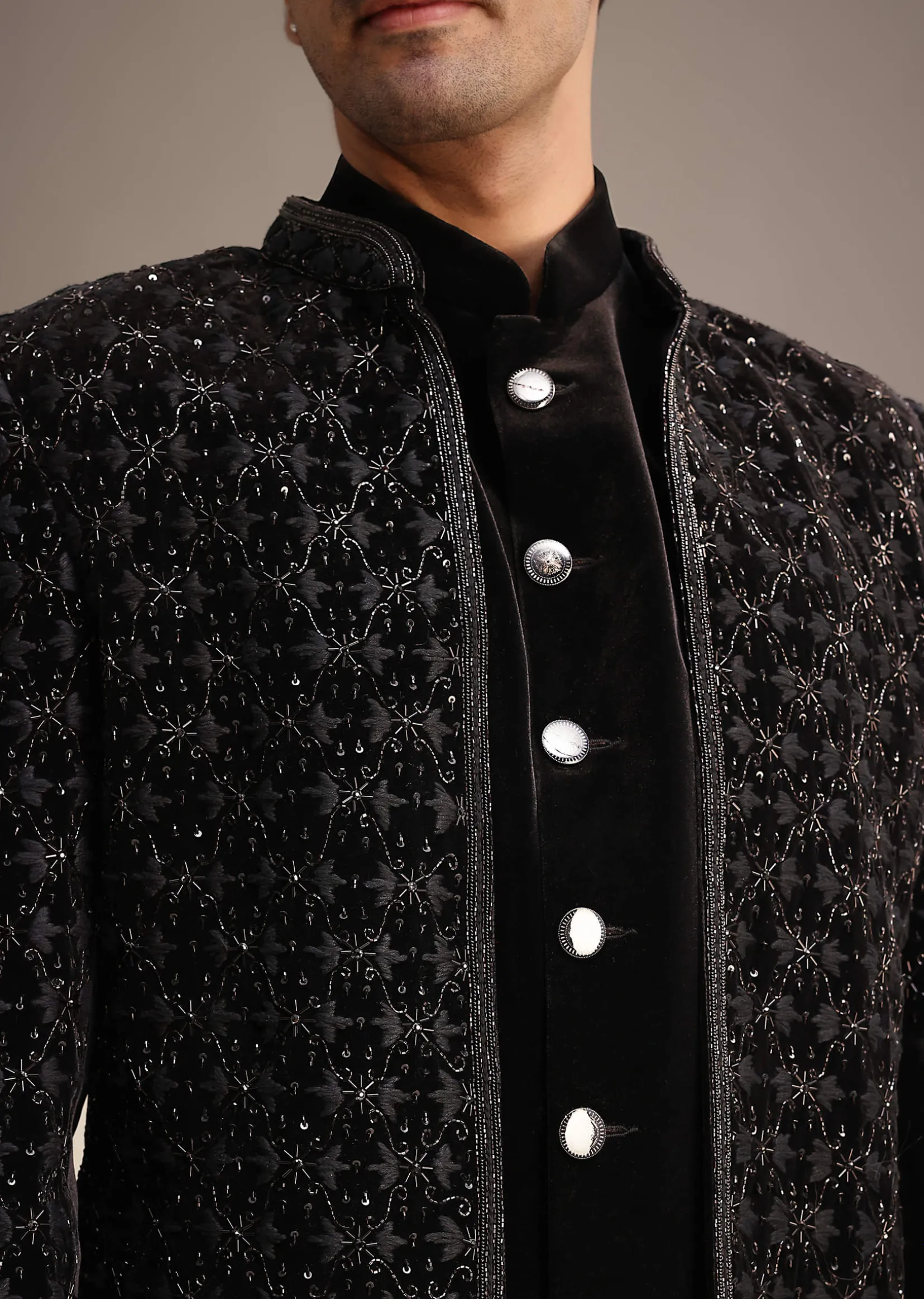 Black Velvet Indowestern Set With Sequin Work