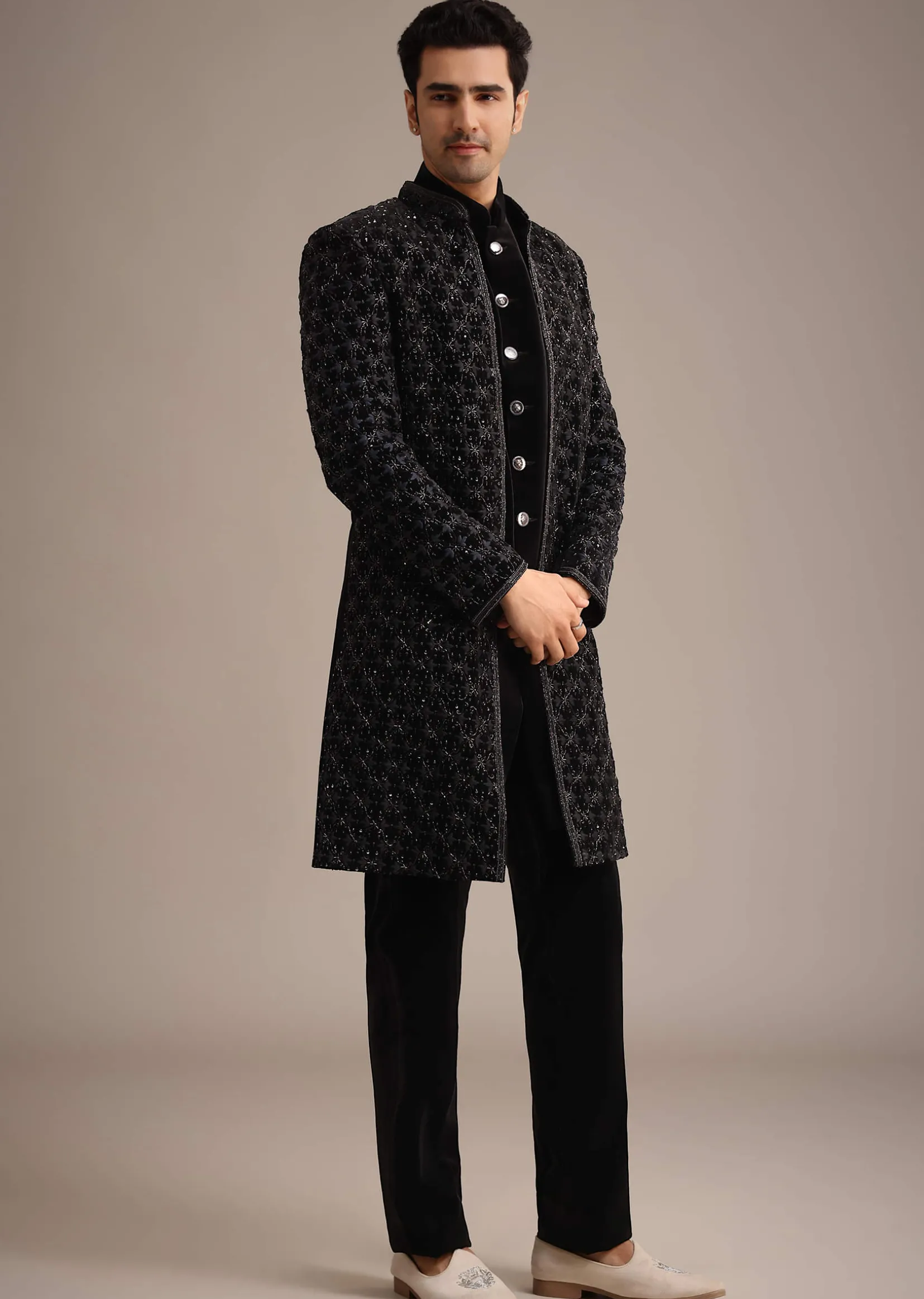 Black Velvet Indowestern Set With Sequin Work