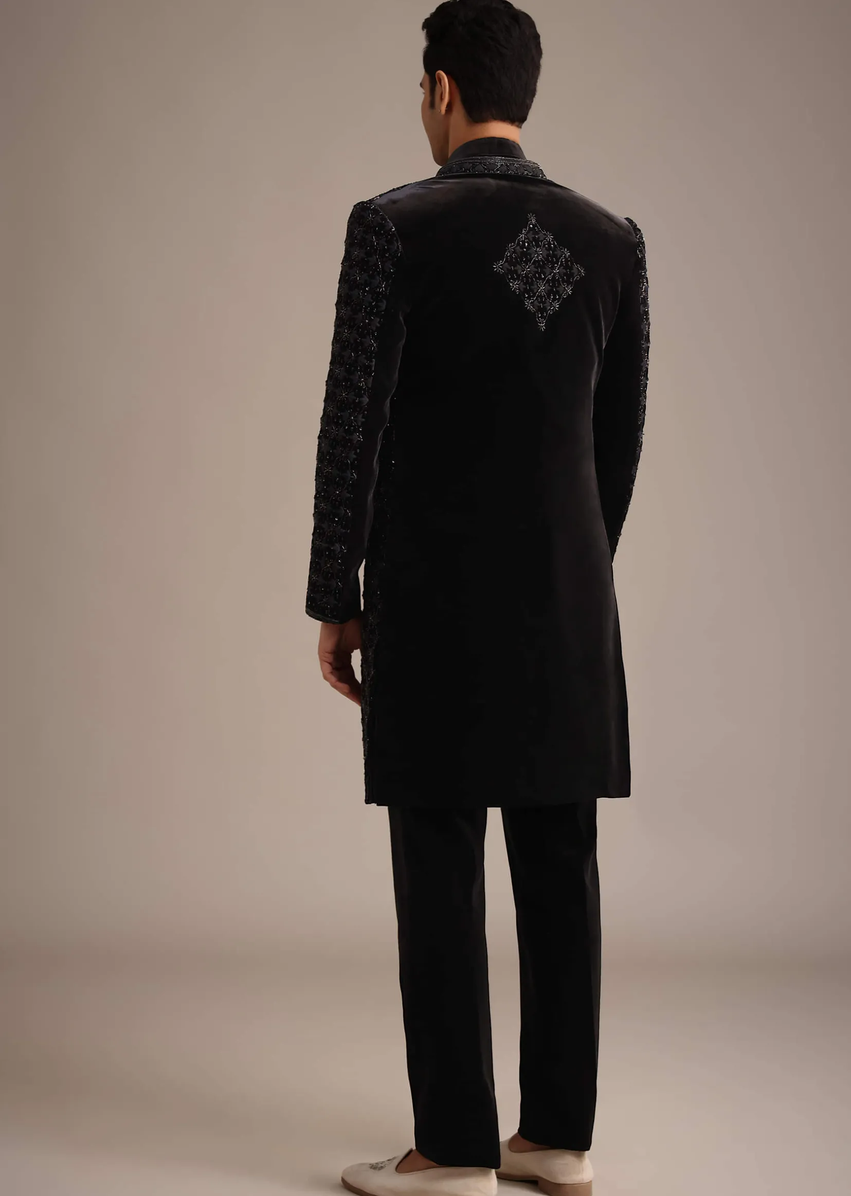 Black Velvet Indowestern Set With Sequin Work