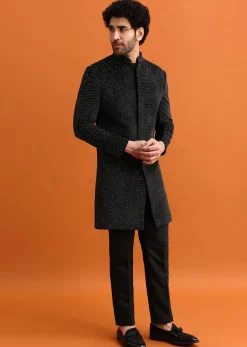 Black Velvet Indowestern Set With Hand Work For Men