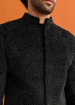 Black Velvet Indowestern Set With Hand Work For Men