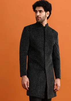 Black Velvet Indowestern Set With Hand Work For Men