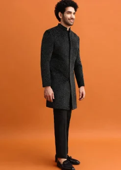 Black Velvet Indowestern Set With Hand Work For Men