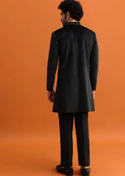 Black Velvet Indowestern Set With Hand Work For Men