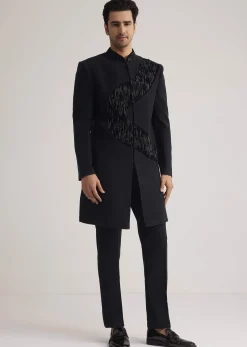 Black Velvet Indowestern Set With Cut Work Embroidery