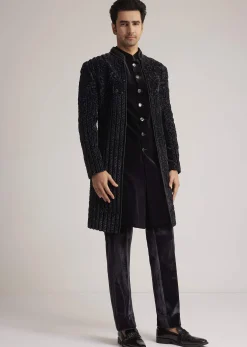 Black Velvet Indowestern Set With Cut Dana Embellishment