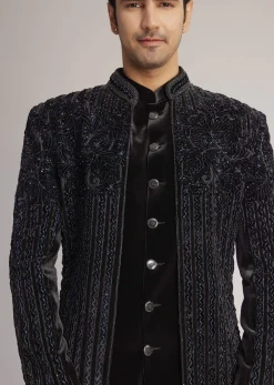 Black Velvet Indowestern Set With Cut Dana Embellishment