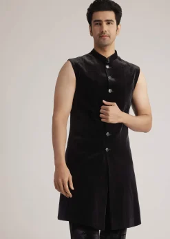 Black Velvet Indowestern Set With Cut Dana Embellishment