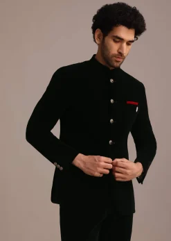 Black Velvet Jodhpuri Set With Pocket Square