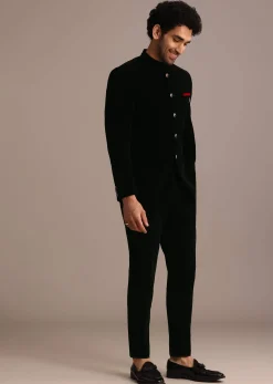 Black Velvet Jodhpuri Set With Pocket Square