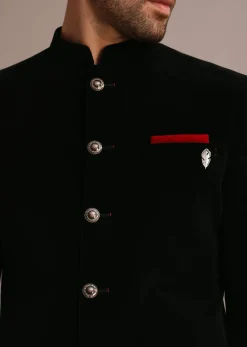 Black Velvet Jodhpuri Set With Pocket Square