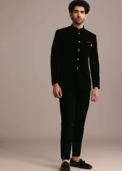 Black Velvet Jodhpuri Set With Pocket Square