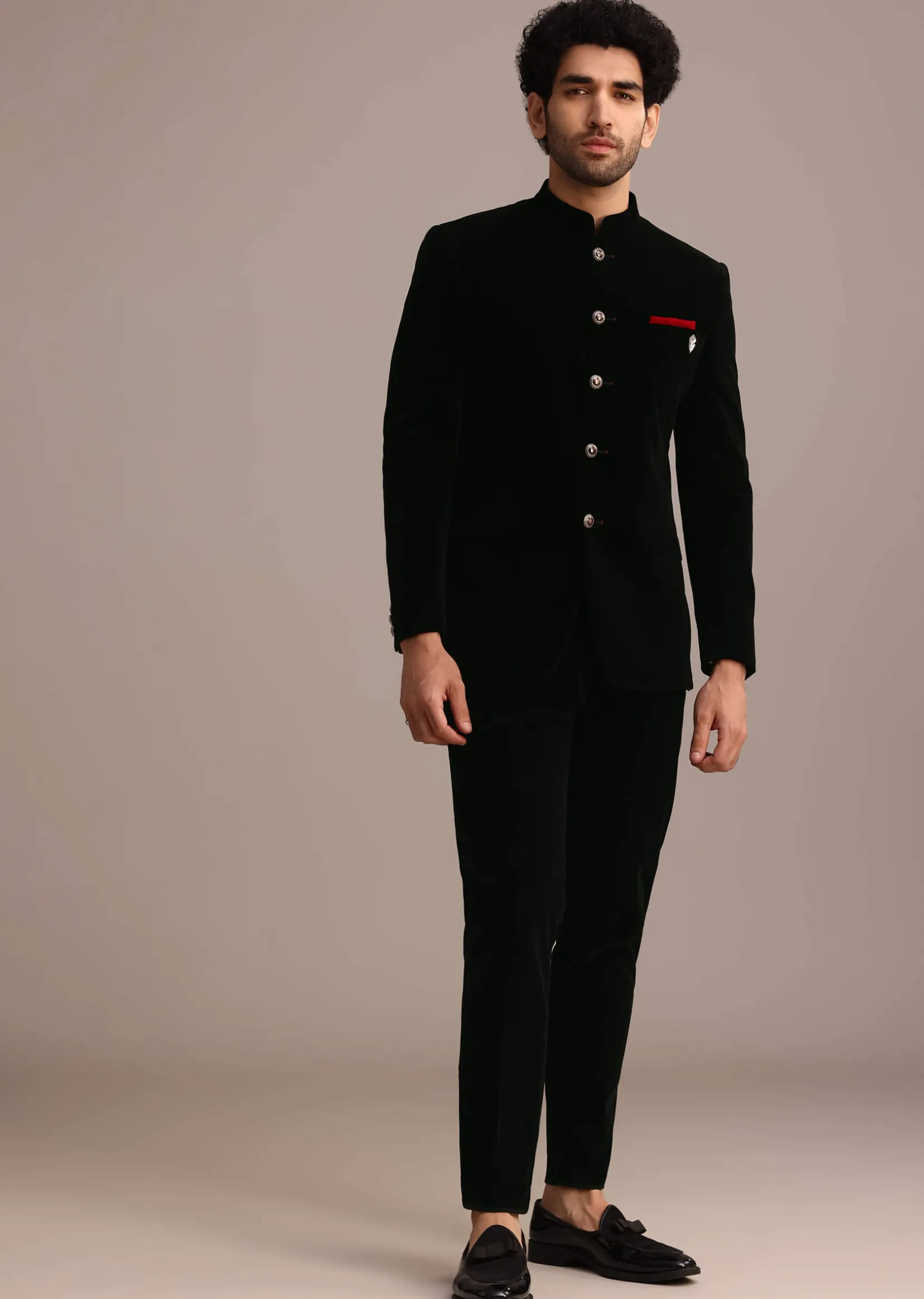 Black Velvet Jodhpuri Set With Pocket Square
