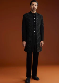 Black Velvet Open Indo Jacket Set With Embroidery