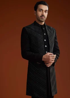 Black Velvet Open Indo Jacket Set With Embroidery