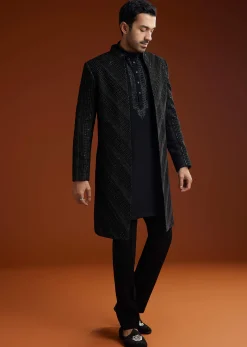 Black Velvet Open Indo Jacket Set With Cutdana Work