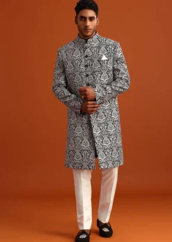 Black Velvet Sherwani And Kurta Set With Kashmiri Work