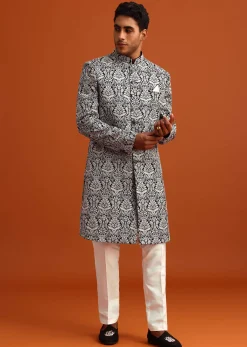 Black Velvet Sherwani And Kurta Set With Kashmiri Work