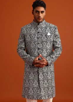 Black Velvet Sherwani And Kurta Set With Kashmiri Work