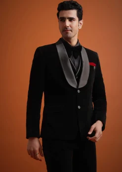 Black Velvet Tuxedo Set With Waistcoat And Bow